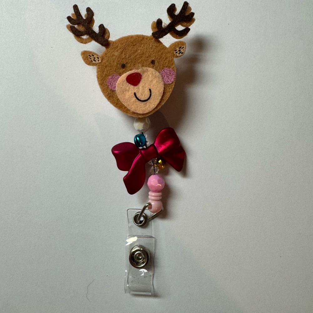 Reindeer Badge Reel with Pink Bow